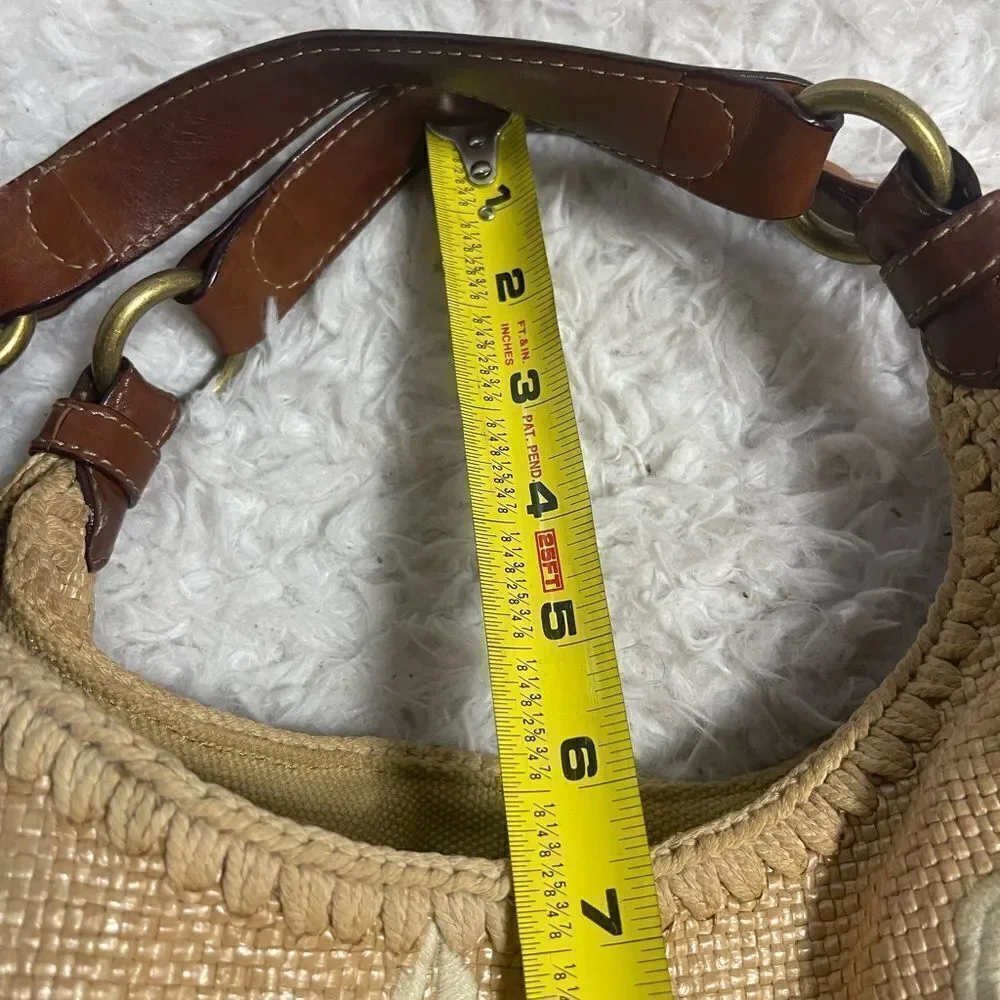 Forth & Towne Cognac synthetic woven Satchel beige embroidery tan leather straps